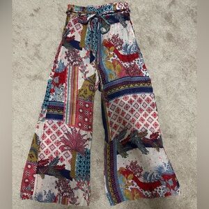 Lulus World Wanderer Cream Multi Print High-Waist Wide-Leg Pants (Size S)